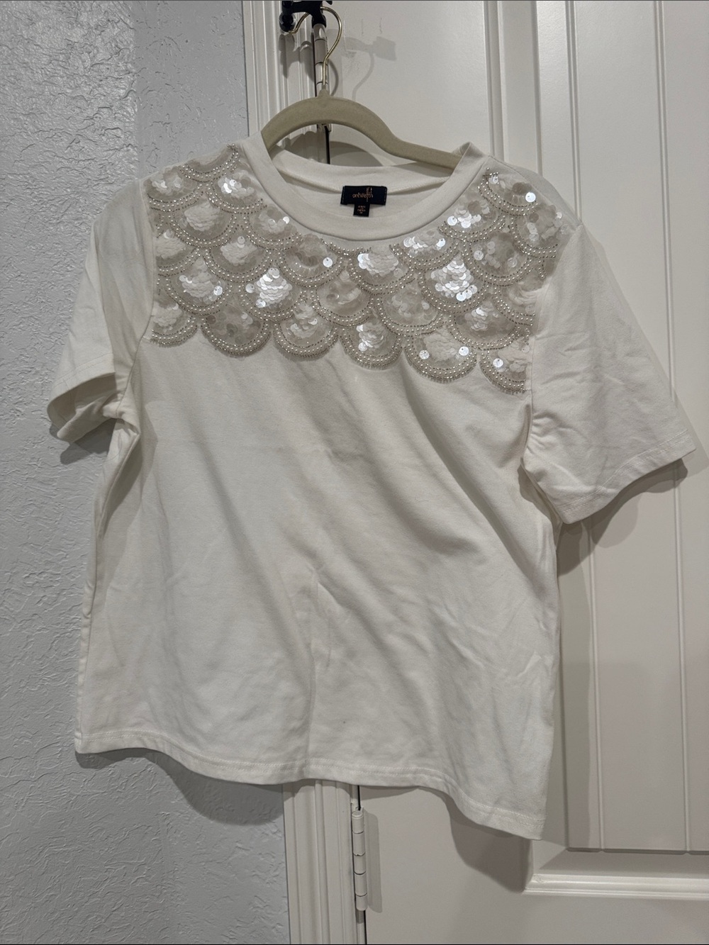 White Sequin-Embellished Short Sleeve Tee